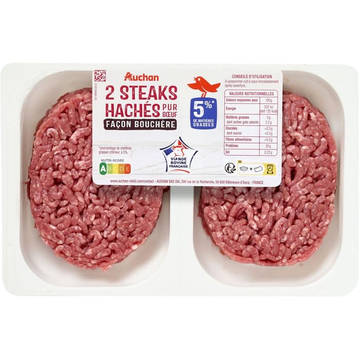 AUCHAN Steaks hachés pur boeuf 5% M.G façon bouchère 2 x 125 g
