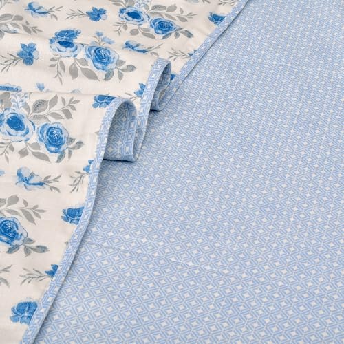 Image of HUESLAND 100% Cotton Reversible Dohar Single Bed Cotton | Soft Cambric Weave, Lightweight AC Blanket for Summer & All Weather Use | 56 x 89 inches, Floral Medley - Ivory & Blue
