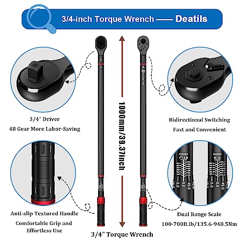 Image of SUERCUP 3 /4-Inch Drive Click Torque Wrench, 100-700ft.lb /135.5-948.5Nm | Heavy Duty Torque Wrench, ±3% Accuracy, Dual-Direction Adjustable, 48-Tooth, for Oil Rigs, Truck & Tractor Maintenance
