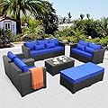 Patio Wicker Furniture Set 7 Pieces Outdoor Black Rattan Conversation Seat Couch Sofa Chair Set with Royal Blue Cushion and Furniture Covers