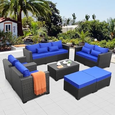 Patio Wicker Furniture Set 7 Pieces Outdoor Black Rattan Conversation Seat Couch Sofa Chair Set with Royal Blue Cushion and Furniture Covers
