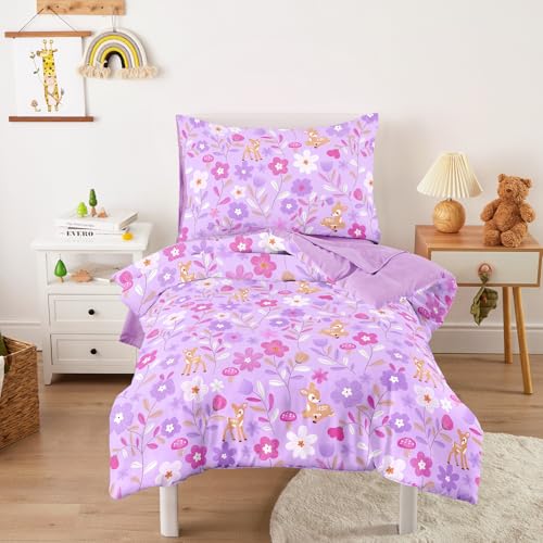 Image of Wake In Cloud - Floral Toddler Bedding Set for Girls, Cute Colorful Botanical Flowers with Deers, 4 Pieces Soft Crib Bed Set Including Comforter, Sheets and Pillowcase, Lavender