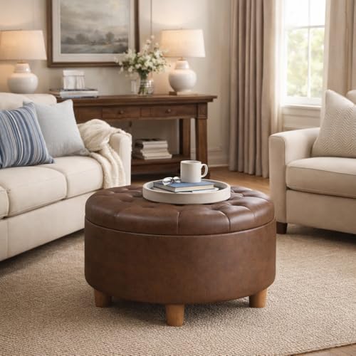 Image of HomePop 28 inch Button Round Storage Ottoman - Brown Faux Leather