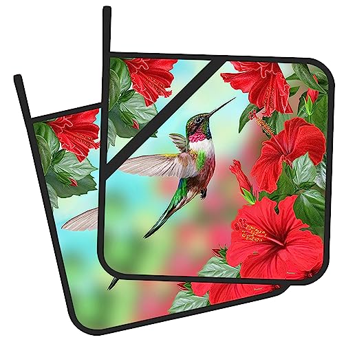 Gearsly Pot Holder Set of 2,Hummingbird and Hibiscus Kitchen Heat Resistant Potholder for BBQ Cooking Baking,Food Hot Pat for Women Men Kitchen Wear