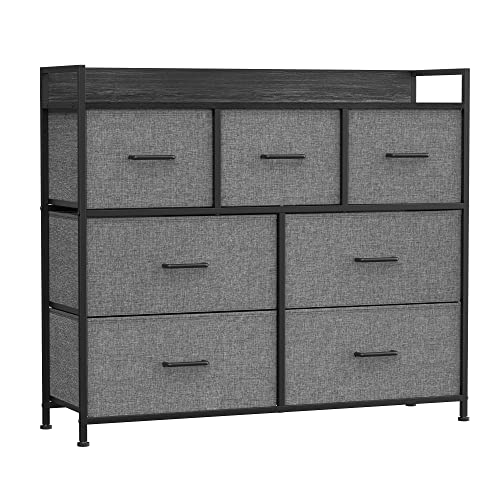 Image of SONGMICS Dresser for Bedroom, Chest, Clothes Organizer Storage Unit 7 Fabric Drawers with Handles, 11.8”D x 31.5”W x 28”H, Gray, Black with Wood Grain