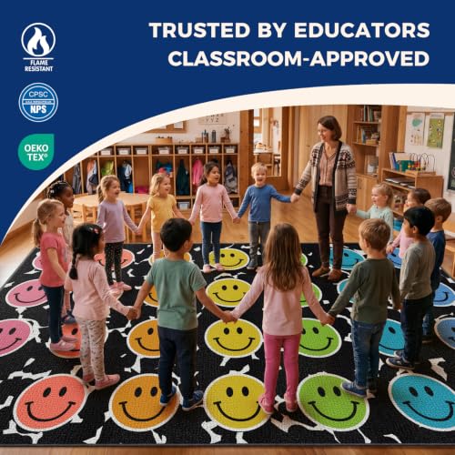 Image of Booooom Jackson Smile Face Classroom Rug 7'6 inch x 13'1 inch - Large Black Area Rug with 24 Colorful Seating Spots - Non-Slip Carpet for Elementary School, Daycare, Preschool, and Home Playroom