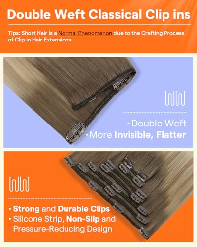 Image of Full Shine Clip in Human Hair Extensions Ombre, 20 Inch | Light Brown to Butter Blonde Mix Platinum Blonde, Balayage Real Human Hair Clip in Extensions, 120g 7 Pcs