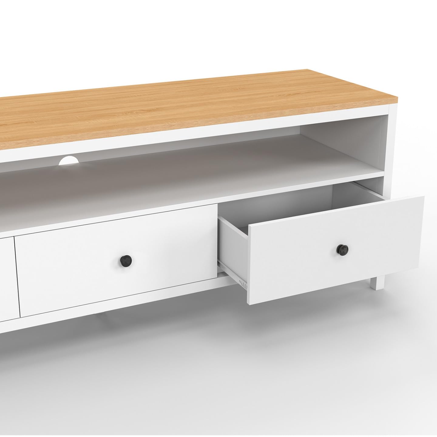 IDMarket - Meuble TV 140 cm Achille 3 tiroirs Blanc et Plateau Bois