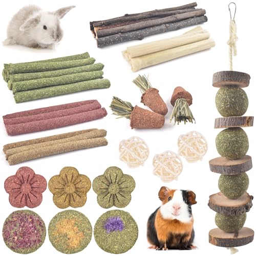 ERKOON Bunny Toys Boredom, 42 PCS Bunnies Timothy Hay Sticks Carrots Rose Grass Cake Dental Care, Molar, Chinchillas Toy Chew Toy, Guinea Pigs, Hamsters, Chinchilla, Rabbit Chew Toys for Teeth