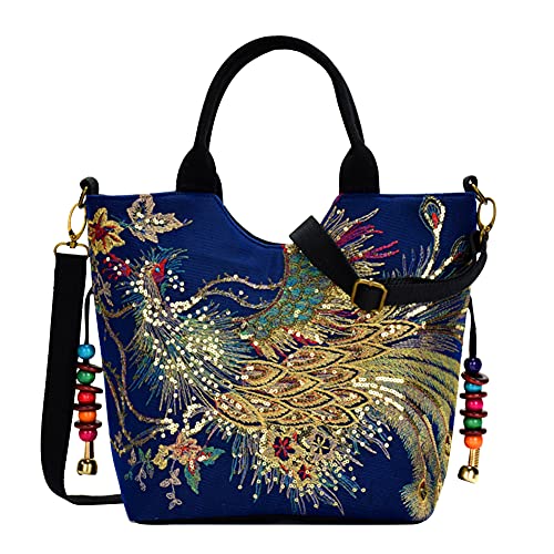 Sac à main brodé paon en toile style ethnique vintage avec grand compartiment bandoulière pour dame