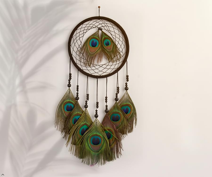 THE URBAN ARTISTIC Handcrafted Peacock Feather Dream Catcher Wall Hanging - Bedroom Living Room Decor, Positive Energy, Multicolor Natural Feathers, (45|18cm), Black