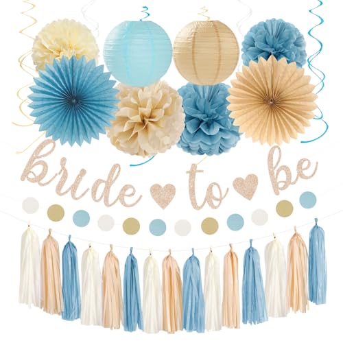 Image of Light-Dusty Blue Beige-Champagne Bridal-Shower Party-Decorations - 31pcs Bride to Be Banner,Boho Neutral Bachelorette Paper Lanterns,Wedding Garland,Tissue Pom Poms Flower Fan Decor Supplies Burgleda