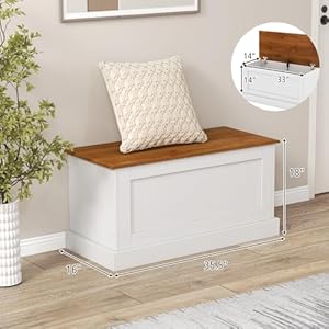 LOKO 35.5” Storage Bench, Lift Top Storage Box with Metal Hinges, Entryway Storage Chest with Safety Hydraulic Strut, Large Farmhouse Storage Trunk for Living Room, Bedroom, White and Natural LOKO 355 Storage Bench Lift Top Storage Box with Metal Hinges Entryway Storage Chest with Safety Hydraulic Strut Large Farmhouse Storage Trunk for Living Room Bedroom White and Natural