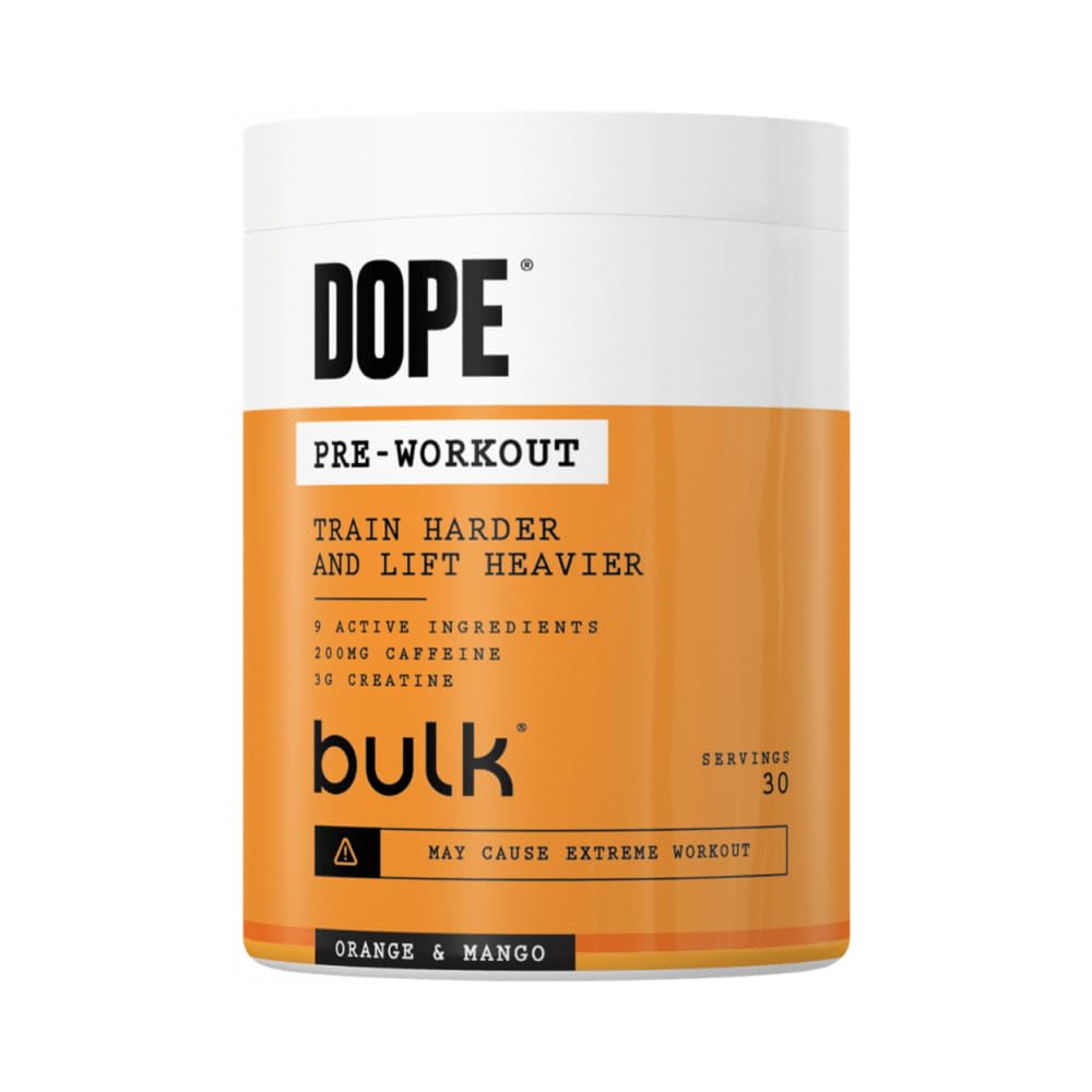 Bulk Pre-Workout Dope Powder | Orange & Mango | 3 g kreatyny na serwowanie, 200 mg kofeina, jabłczan cytruliny i arginina AKG, beta-alanina, energia, ostrość i wydajność, suplement 510g