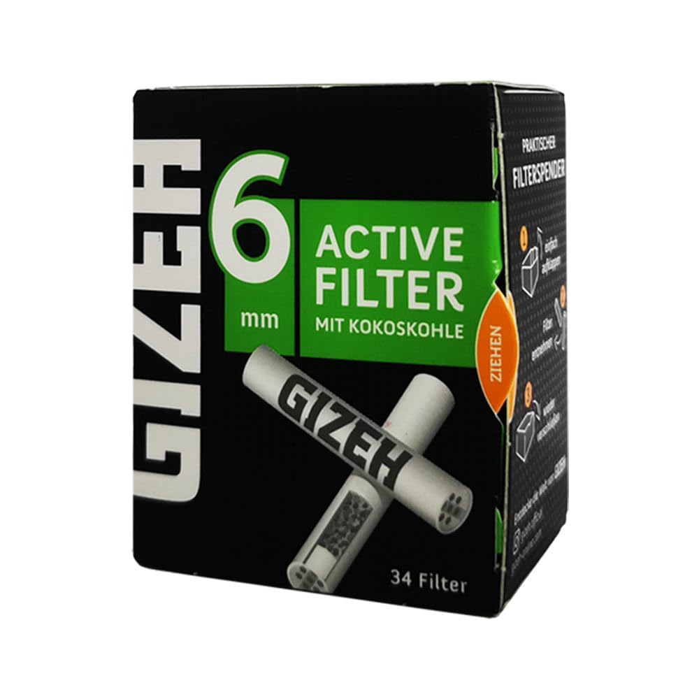 GIZEH Black Active Filter - Filtro de carbón activo fino de 6 mm de diámetro, filtro Gizeh con carbón activo de cáscara de coco, filtro de 27 mm de longitud en paquete de 10 unidades de 34 filtros