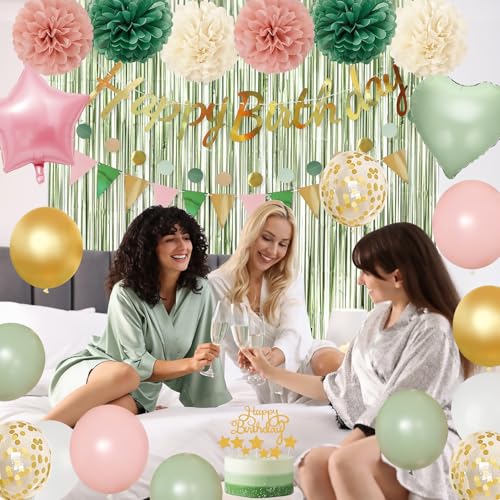 Image of Pink Sage Green Birthday Party Decorations kits for Girls Women with Happy Birthday Banner, Fringe Curtain,Foil Balloons,Tissue Pompoms,Dots Garland,Tassels Garland,Cake Topper for birthday decor