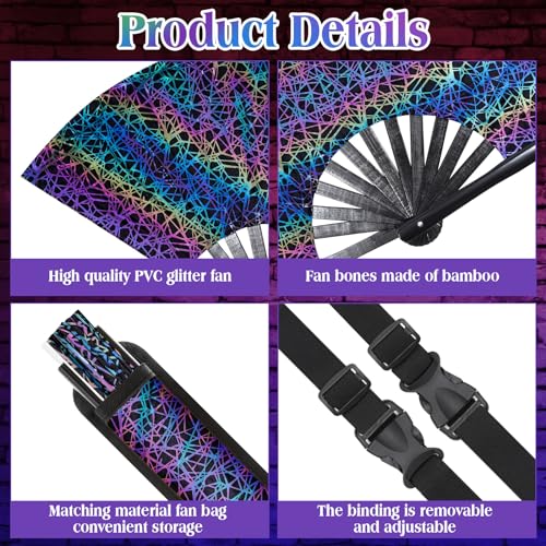 Image of FairySandy Large Rave Fan UV Glow Clack Summer Hand Fan with Thigh Holster for Women Carnival Party Supplies for Carnival Edm Music Festival Club Accessories(Reflective Ripple,Blue Purple)