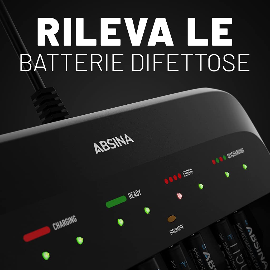 ABSINA Caricabatterie pile ricaricabili AA AAA e 9V + 4x AA 2900 | Caricabatterie NiMH 10 Slot per batterie ricaricabili - Carica pile AAA AA e 9V