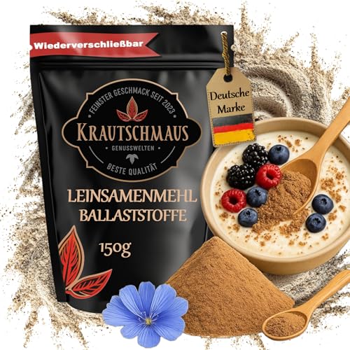 150g Leinsamen gemahlen von Krautschmaus, gemahlene Leinsaat, Leinsamenmehl, gemahlene Flachssamen ohne Zusatzstoffe, reich an Ballaststoffen