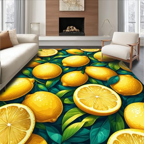 Design&I Flatwoven Area Rug 4x6 ft, Lemon Grove Circle Citrus Botanical, Machine Washable, Stain Resistant Indoor Rug for Living Room, Bedroom, Non Slip Decor (Pad)
