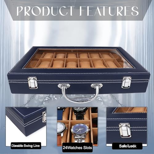 Image of LEDO Watch Box Organizer with 24 Slots, PU Leather Case, Transparent Display, Blue and Cream Interior, Metal Clasp Lock, Rectangular Storage for Men and Women
