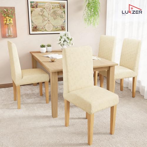 Image of Lukzer Elastic Dining Chair Cover - 6PC Pastel Yellow Basket Weave | Textured High Stretch Jacquard Seat Cover | Removable Washable Short Dining Chair Cover Protector Seat Slipcover | (CC-112-06)
