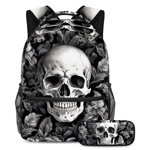 Cartables rétro motif tête de mort grand format avec trousse scolaire pour étudiants