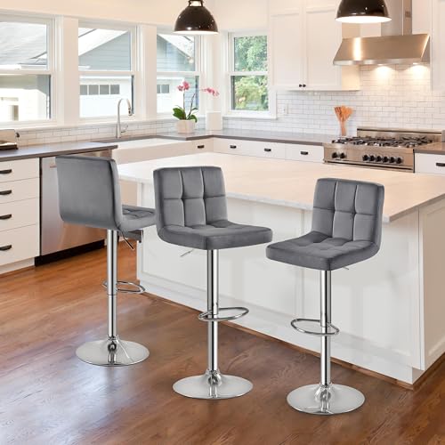 Image of Yaheetech Bar Stools Set of 2, Adjustable Velvet Fabric Swivel Barstools, Modern Counter Stools with Back and Footrest, Counter Height Barstools for Bar, Kitchen, Dining Room, Dark Gray