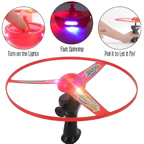 Liberty Imports 4 Pack: Light Up Rip Cord Ufo Flying Saucers, 12-Inch Led Large Copter Sky Launcher Aerial Disc Pull Cord Toy For Kids And Adults #TOP1