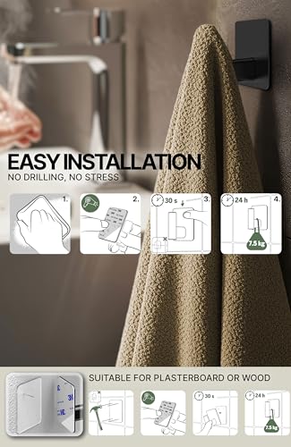 Menz Self Adhesive Hooks for Hanging Extra-Large Black Set of 4 – Heavy Duty Stick On Coat Hooks, Waterproof 3M Wall Mount or Nail Option, Sleek Rectangle Design for Bathroom, Kitchen, Closet & Door - Image 4