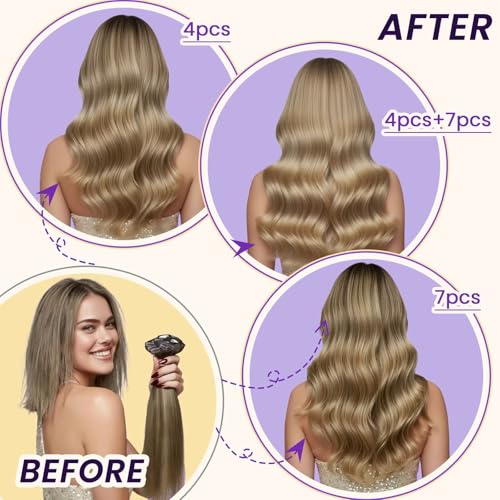 Image of LaaVoo Seamless Clip in Hair Extensions Human Hair Balayage Blonde | Light Brown to Blonde Hair Clips for Daily Wear, Natural, Invisible, 18 inch 100g 4Pcs