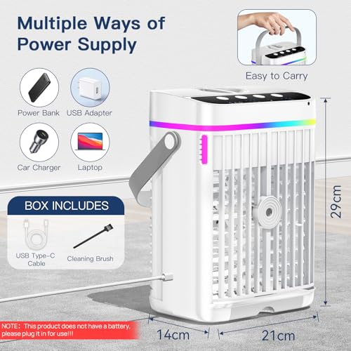 Mobiele airconditioner, draagbare mini-airconditioner, mobiele airconditioner, zonder afvoer, 4-in-1 mobiele koeler, ventilator met 3 snelheden voor thuis, kantoor, reizen - Afbeelding 6