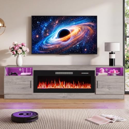 Image of Waleaf 80 inch Fireplace TV Stand with 40 inch Electric Fireplace,20 Colors LED Lights Entertainment Center for Living Room,Large High Gloss TV Console Cabinet for Televisions up to 90+ Inch