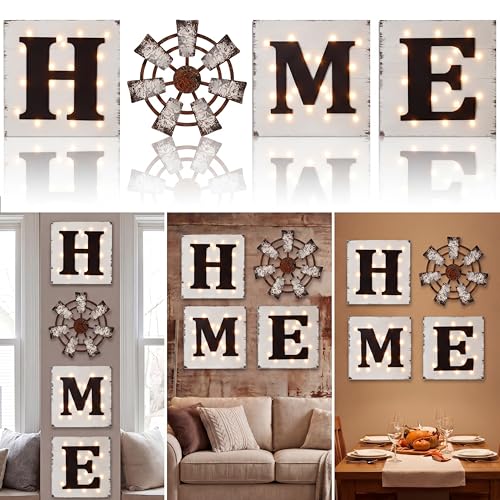4 Pcs Farmhouse Home Sign Wall Decor with LED Lights - Rustic Wooden Hanging Letters "HOME" with Windmill, Battery Operated Wall Art for Living Room Bedroom Entryway Housewarming Gift