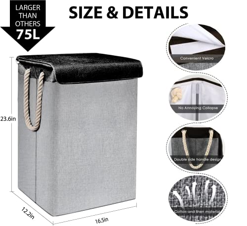 75L Laundry Hamper With Lid,Collapsible Laundry Baskets With Removable Mesh Bag&3 Freestanding Laundry Bag，Dirty Clothes Hamper With Rope Handles For Bedroom, Living Room,Toys (Grey+Black,75L) #TOP1