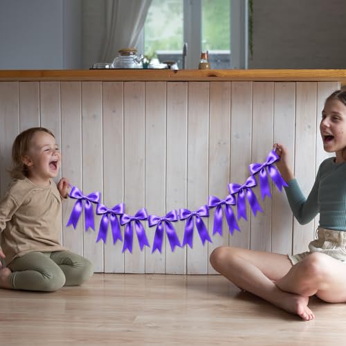 Image of 1 String of 8PCS Purple Bow Garland Banner Decoration,Pre-Strung Satin Ribbon Ornaments for Birthday,Bachelorette Party,Bridal Shower,Wedding,Engagement,Baby Shower,Graduation Decor,Anniversary