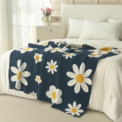Image of Ultra Soft Cozy Daisy Sunflower Knitted Throw Blanket Fluffy Microfiber Checkerboard Bed Blanket Lightweight Both Sides Blanket for Couch Sofa Bed (Daisy Bule, Baby 30 inchx40 inch)