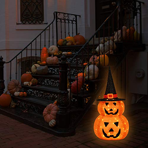 UpdateClassic Lighted Halloween Stacked Pumpkins with Witch Hat, Sturdy Bracket with Built-in LED Lights, Perfect Night Light Halloween Decoration for Indoor Outdoor Living Room Yard Patio