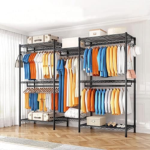 Detailed view of the adjustable shelves and hanging rods on a heavy-duty garment rack.