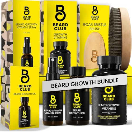 Image of Beard Club Premium Beard Growth Kit - Growth Oil, Vitamins, Vitamin Spray & Boar Bristle Brush - Gift Set