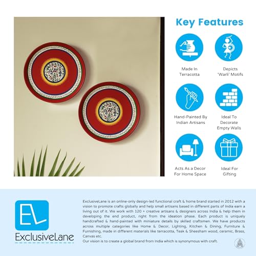 Image of ExclusiveLane 'The Warli Tales' Terracotta Wall Plates for Home Decoration (8 inch, Set of 2, Red) | Terracotta Plates for Wall Decor Plates Sets Decorative Wall Hanging Plates for Living Room