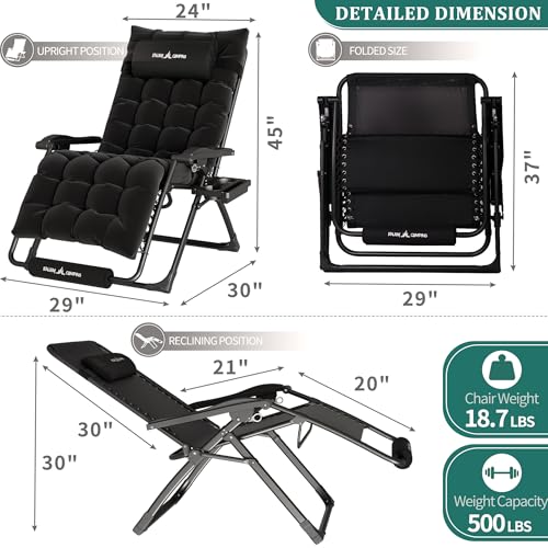 Image of UDPATIO Oversized Zero Gravity Chair Patio Reclining Chairs with Cushion | 29In Set of 2 Outdoor Folding Recliner with Pillows,Cup Holder, Foot Rest, Detachable Pad, Locking Black-xl