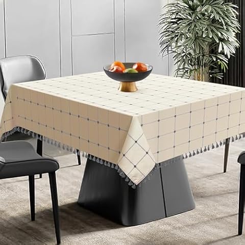 Cotton Clinic Elegant Geometric Tablecloth with Tassel - 55x55in Square - Soft, Durable & Washable - Perfect for Thanksgiving, Christmas & Dining Room Decor - Pure Cotton Tablecloth - Cream Light Grey Cover