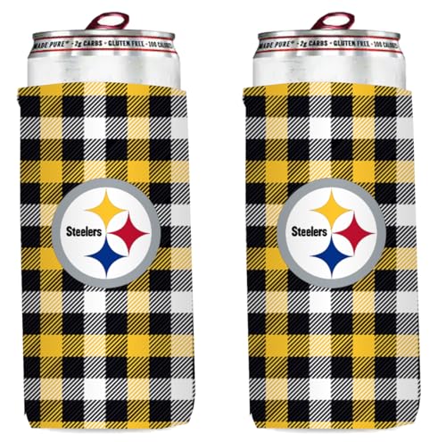 Football 12oz 2-Pack Slim Skinny Can Holder Insulator Beverage Huggie Cooler Coozies (Pittsburgh Plaid Black (Steelers))