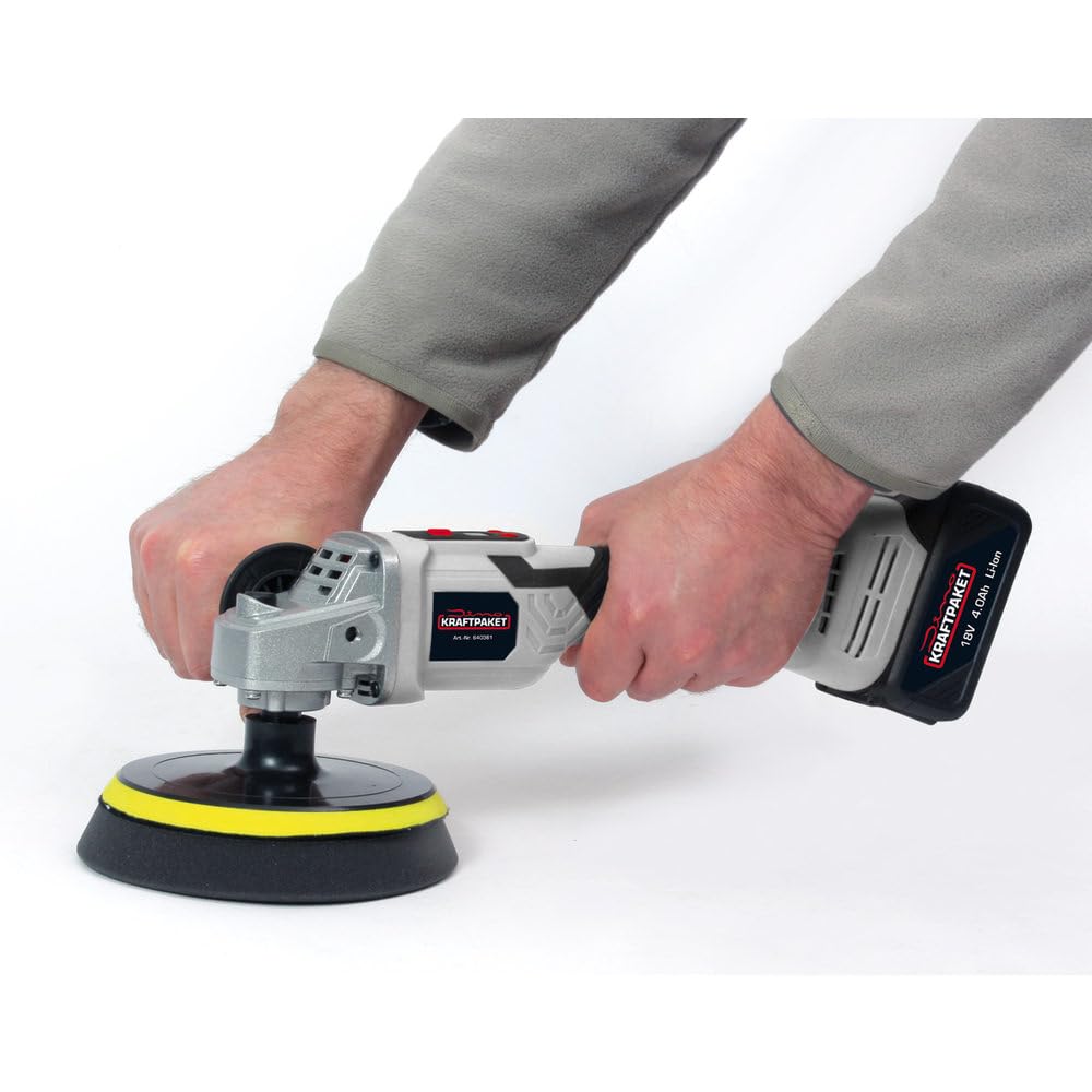Dino KRAFTPAKET 18V Bürstenlose Akku Poliermaschine für Auto mit 125mm + 150mm Stützteller im Set mit 2 x 4Ah Akku und Ladegerät, Motor bürstenlos (Brushless Akkupoliermaschine)