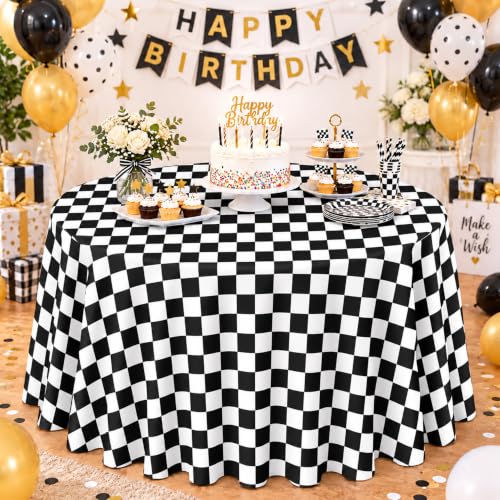 Image of 4 Pack Black and White Checkered Round Tablecloths, 84 Inch Plastic Covers
