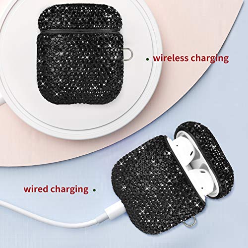 Newseego Compatible With Airpods 1 & 2 Case, Keychain+Anti-Lost Strap+Ear Hooks+Watch Band Holder,Protective Bling Crystal Glitter Luxury Shining Diamond Rhinestone Gift Scratch/Drop Proof-Black #TOP3