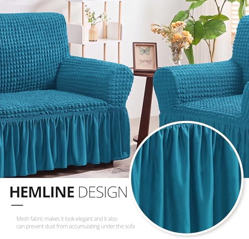 Image of Bails Sofa Cover 1 Seater Fully Covered | Sofa Cover 3 Seater Fully Covered | Sofa Cover 1 Seater | Universal Elastic Bubble Fabric with Frill Sofa Protector Cover (Turquoise, 1 Seater)