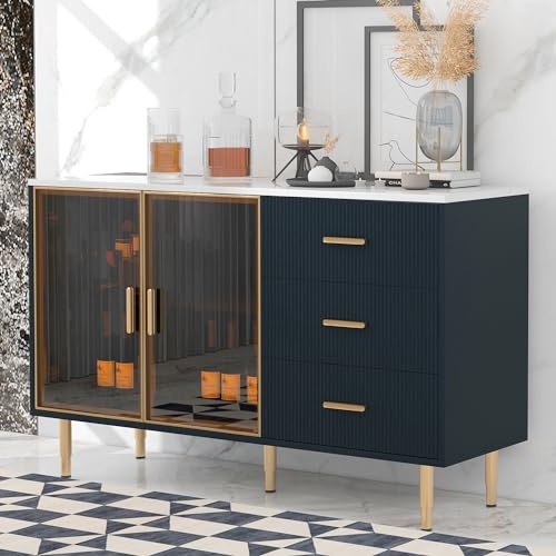 Image of VURAX Modern Sideboard with Tempered Glass Doors, 60" MDF Buffet Credenzas Kitchen Storage Cabinet w/Gold Metal Legs & Handles, Accent Console Table for Living Dining Room Entryway, 60inch, Navy
