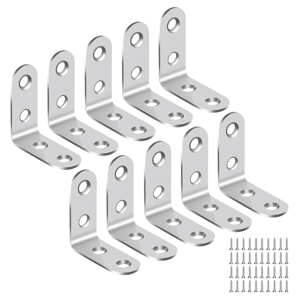 GAOHUI Angle Brackets, 10pcs Corner Brackets for Wood, Stainless L Shaped Bracket, 40x40x2mm, 90 Degree Plate Metal Angle Bracket, for Shelves, Furniture, Wood, with 40 Screws